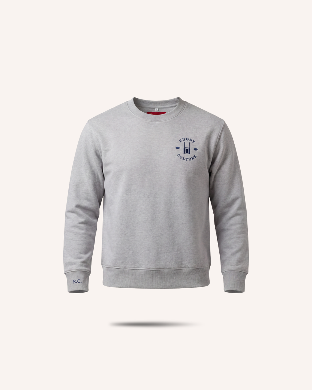 Rugby Culture Grey Sweatshirt with navy embroidered emblem, flat lay front view