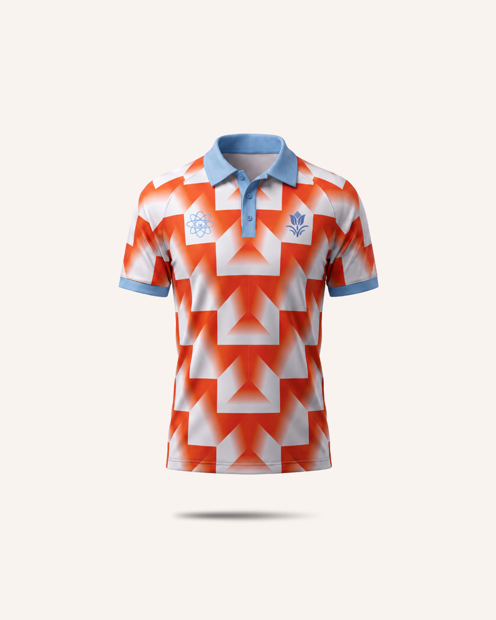 Rugby Culture Netherlands Retro Rugby Jersey, orange and white 1988-inspired geometric pattern with light blue collar, front view