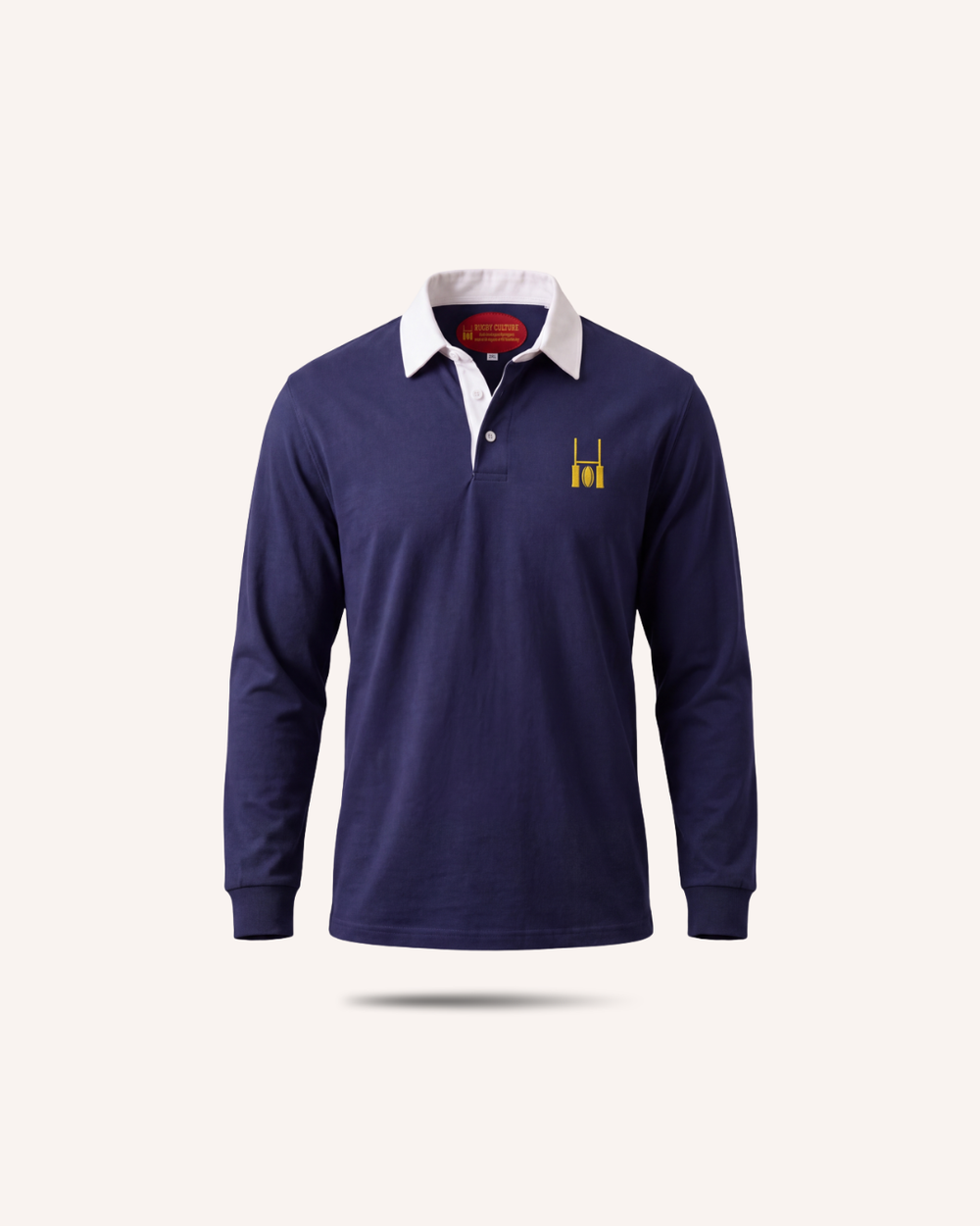 Rugby Culture Navy Blue Rugby Polo with white collar, flat lay front view