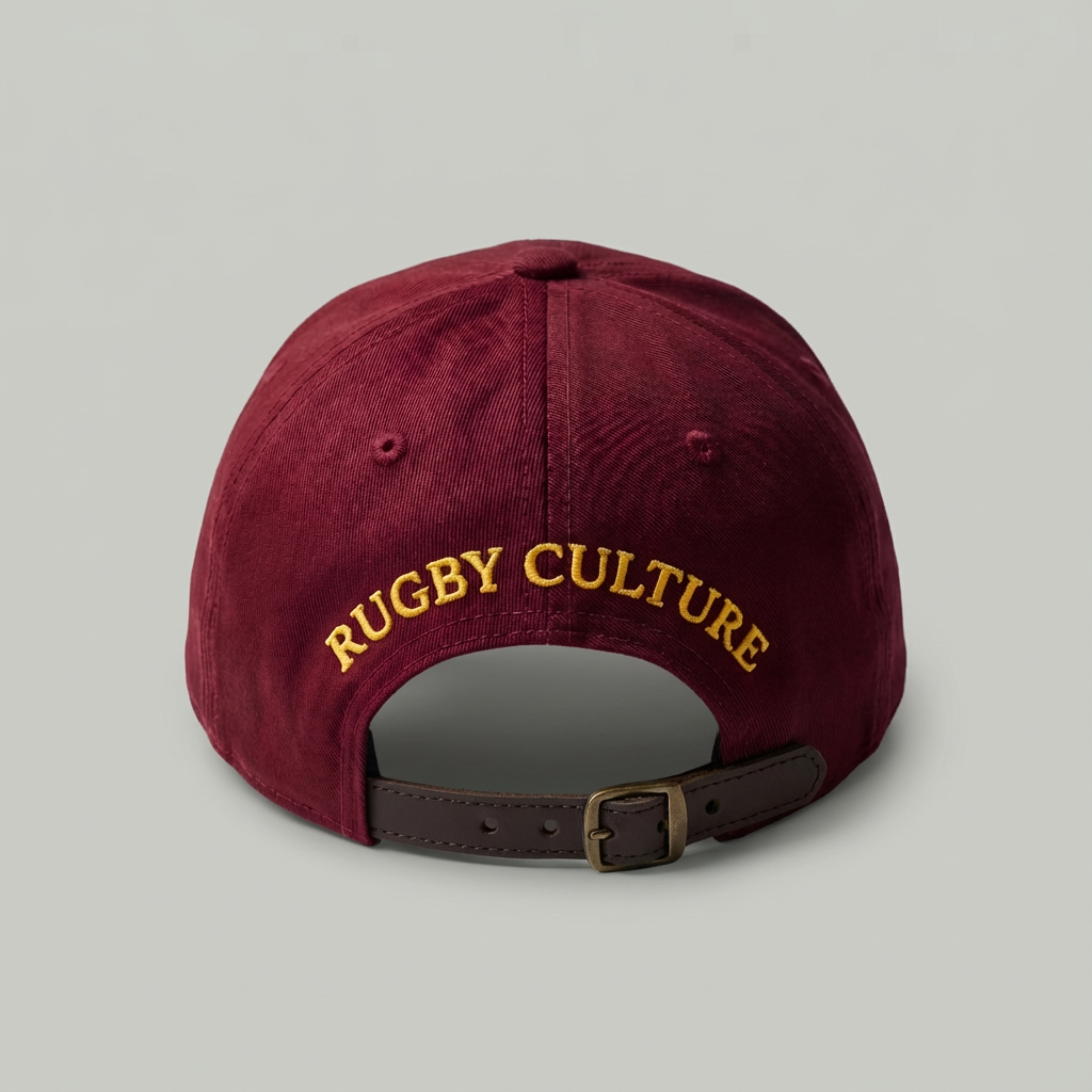 Maroon cap with 'Rugby Culture' text on a gray background