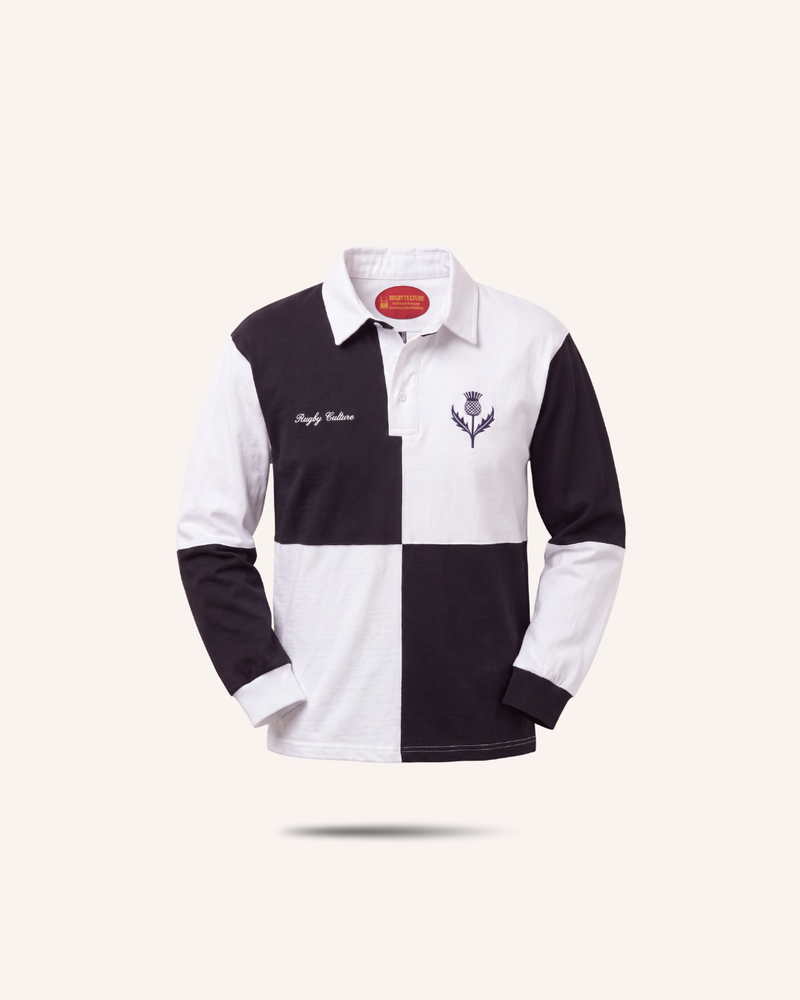 Rugby Culture Scotland Rugby Polo, black and white quartered panels, flat lay front view