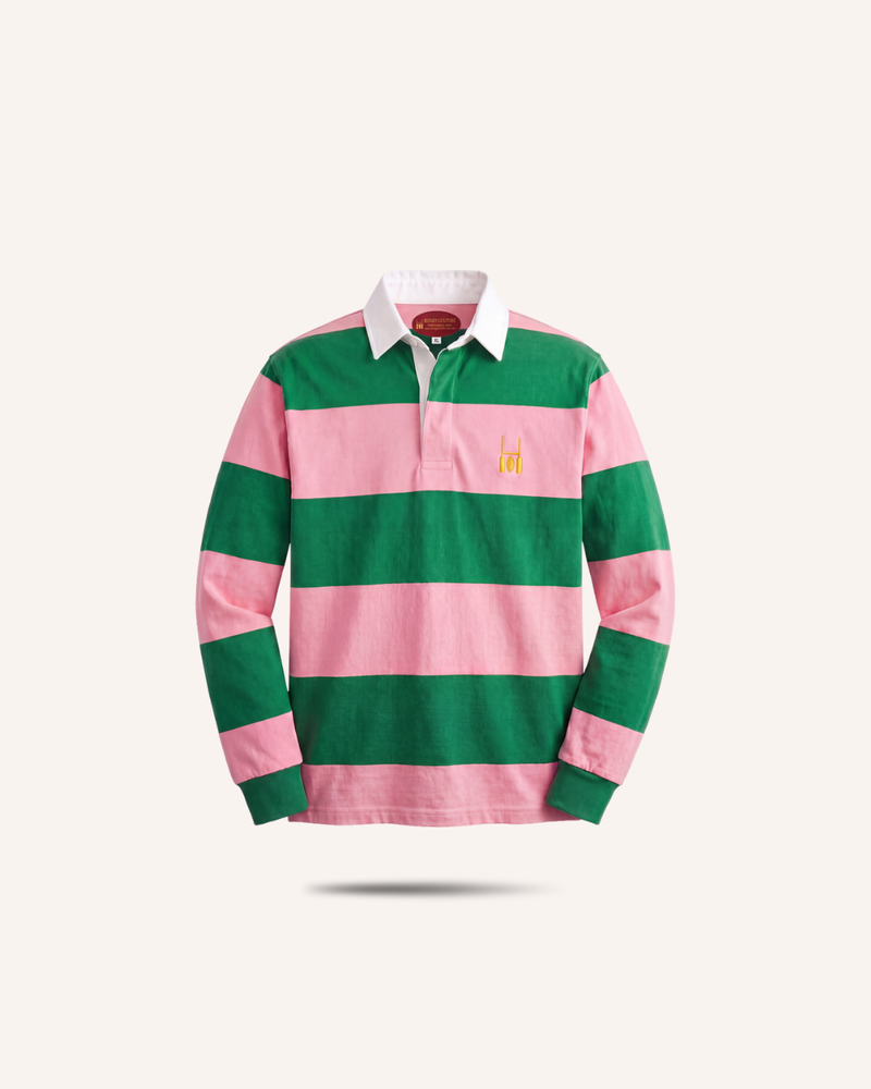 Rugby Culture Green & Pink Rugby Polo with white collar, flat lay front view
