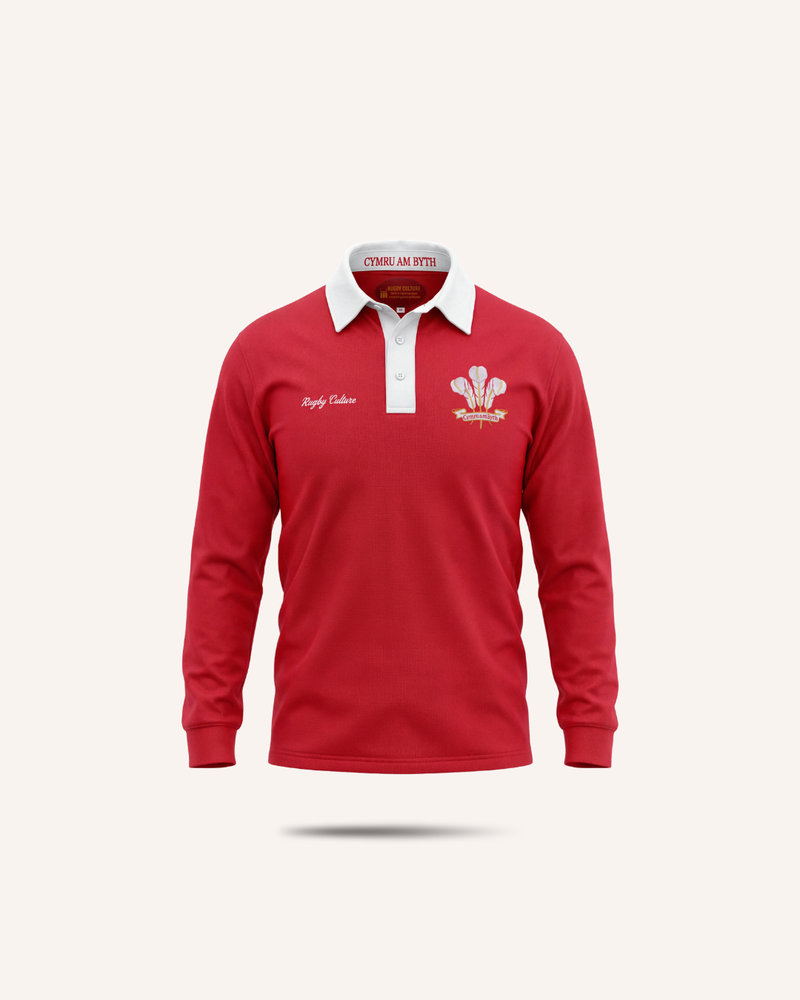 Rugby Culture Wales Rugby Polo, red with white collar, flat lay front view
