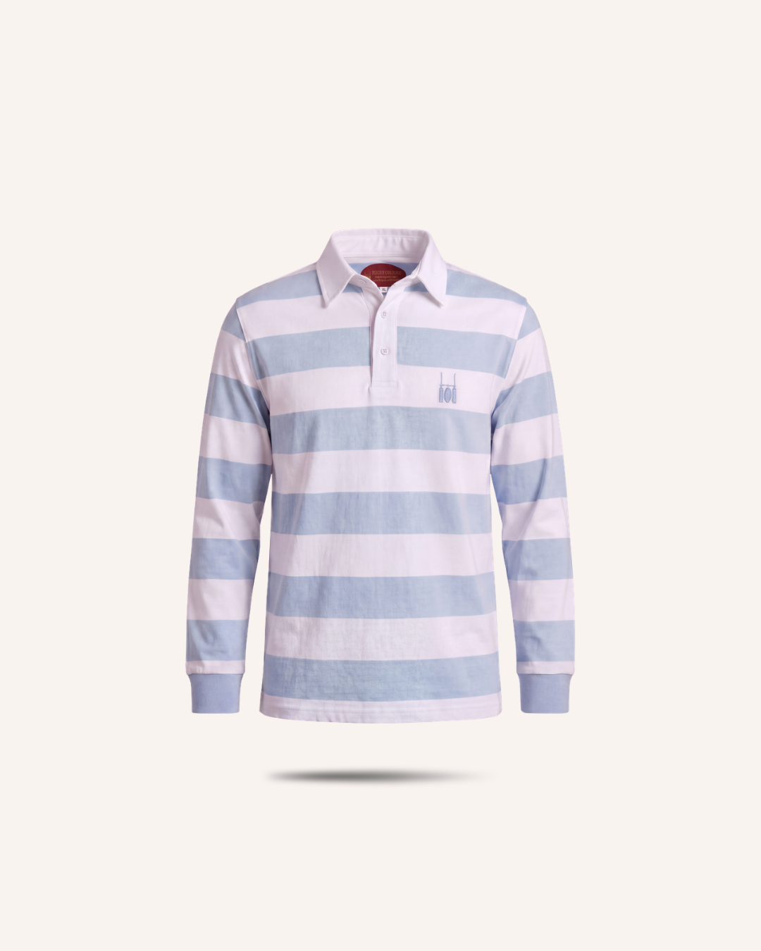 Rugby Culture Sky Blue & White Rugby Polo with white collar, flat lay front view