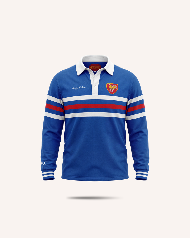 Rugby Culture France Rugby Polo, royal blue with red and white chest stripes, flat lay front view