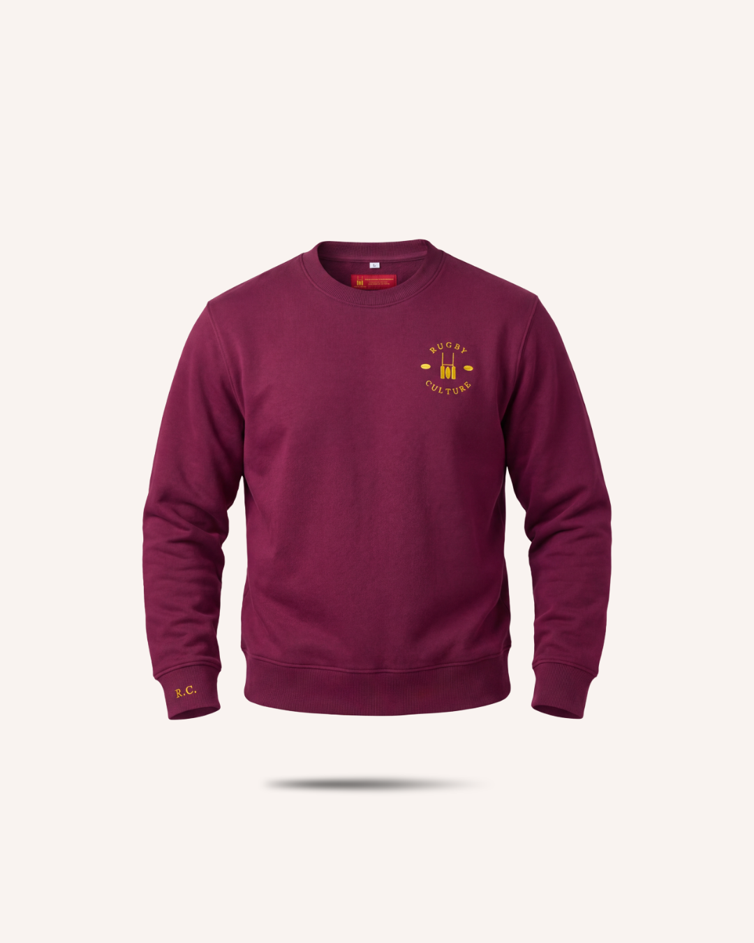 Rugby Culture Maroon Sweatshirt with gold embroidered emblem, flat lay front view