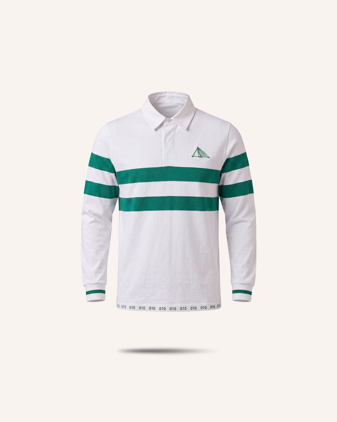 Rugby Culture Rotterdam Heritage Rugby Polo, white with green stripes, flat lay front view