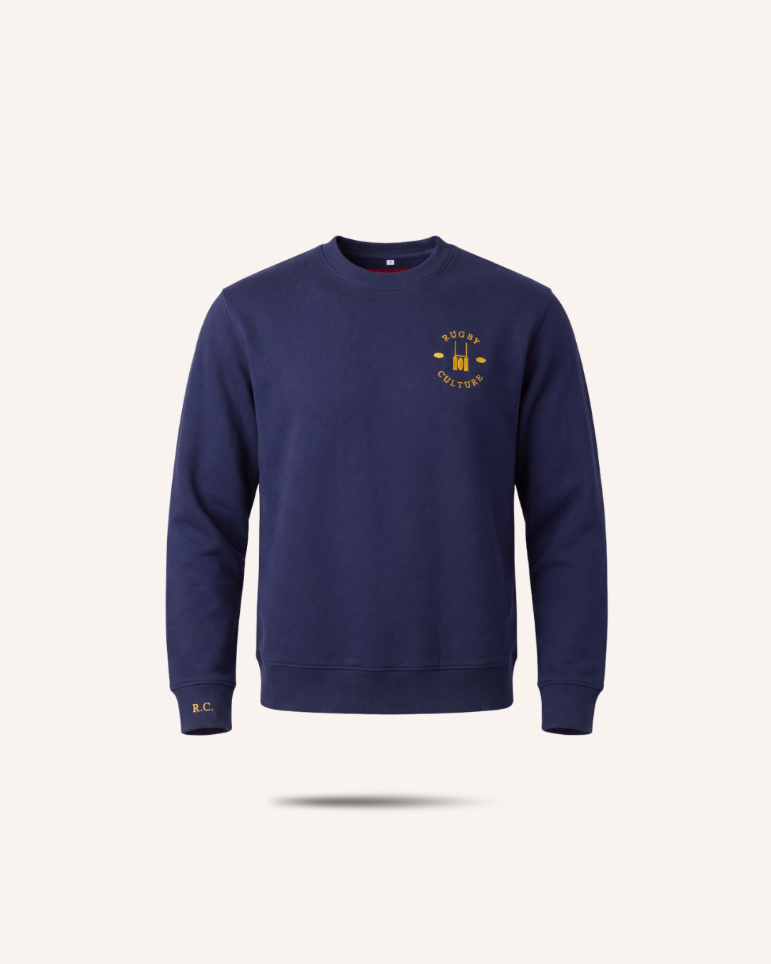 Rugby Culture Navy Blue Sweatshirt with gold embroidered emblem, flat lay front view