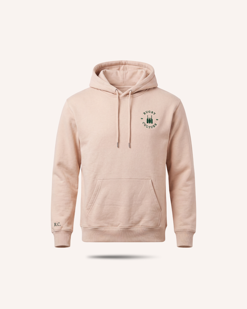 Rugby Culture Beige Hoodie with green embroidered emblem, flat lay front view
