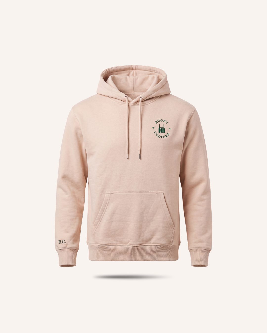 Rugby Culture Beige Hoodie with green embroidered emblem, flat lay front view