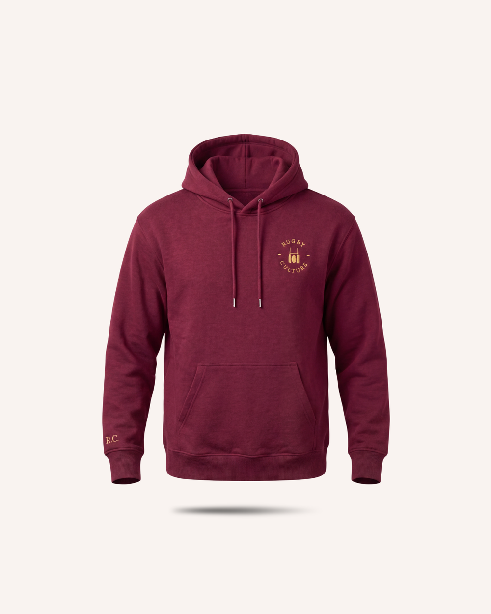 Rugby Culture Maroon Hoodie with gold embroidered emblem, flat lay front view