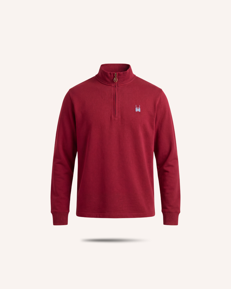 Rugby Culture Maroon Quarter-Zip with small embroidered crest, flat lay front view