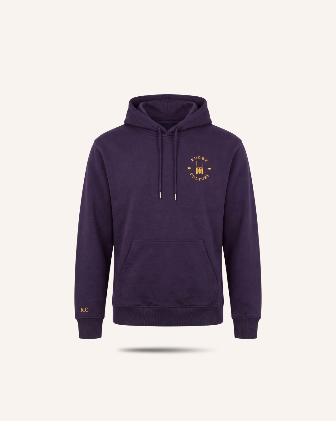 Rugby Culture Navy Blue Hoodie with gold embroidered emblem, flat lay front view