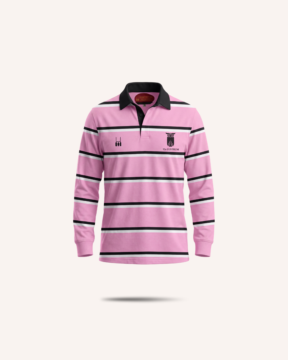 NSRB x Rugby Culture Lustrum Polo, pink and navy stripes with white collar, flat lay front view