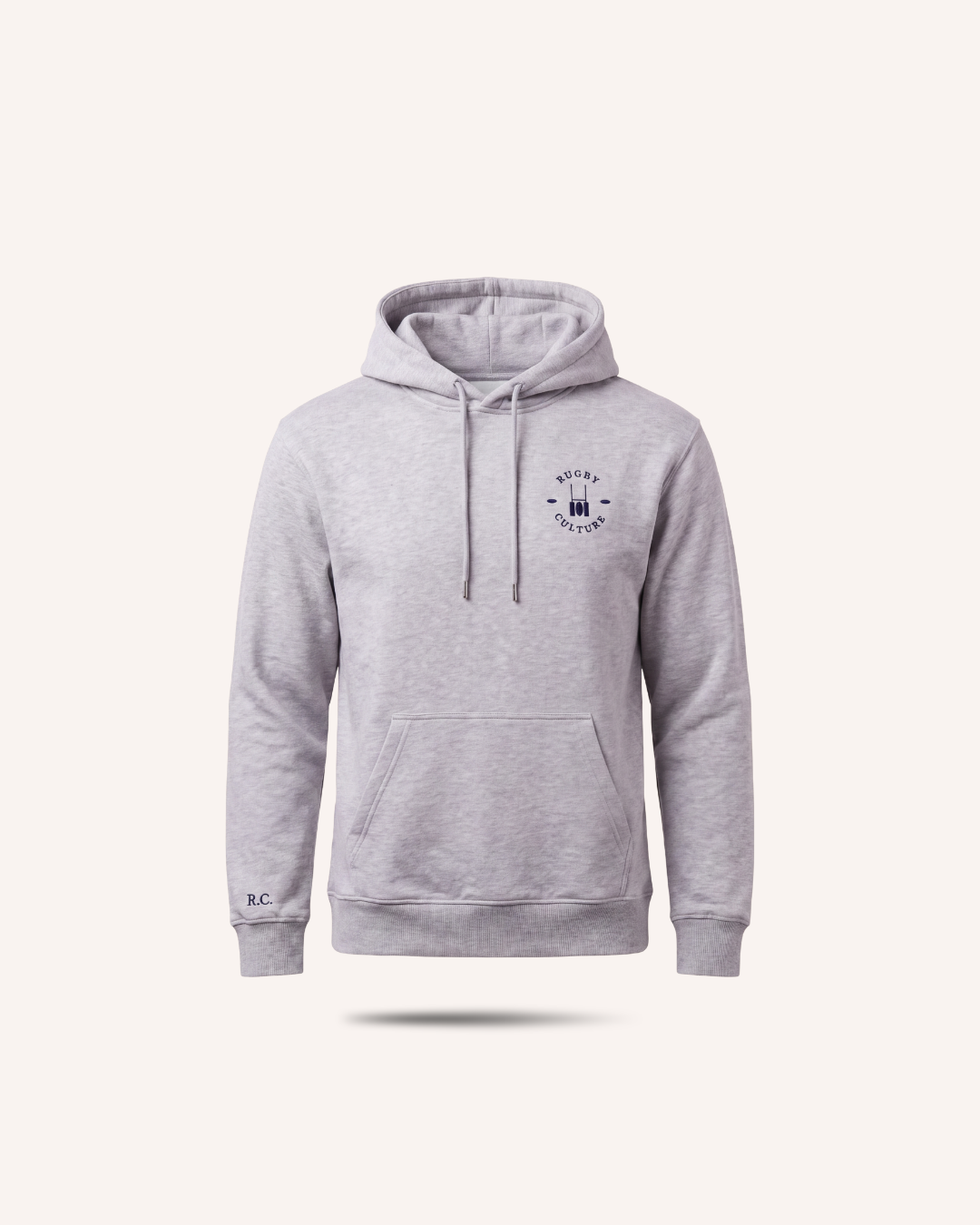 Rugby Culture Grey Hoodie with navy embroidered emblem, flat lay front view