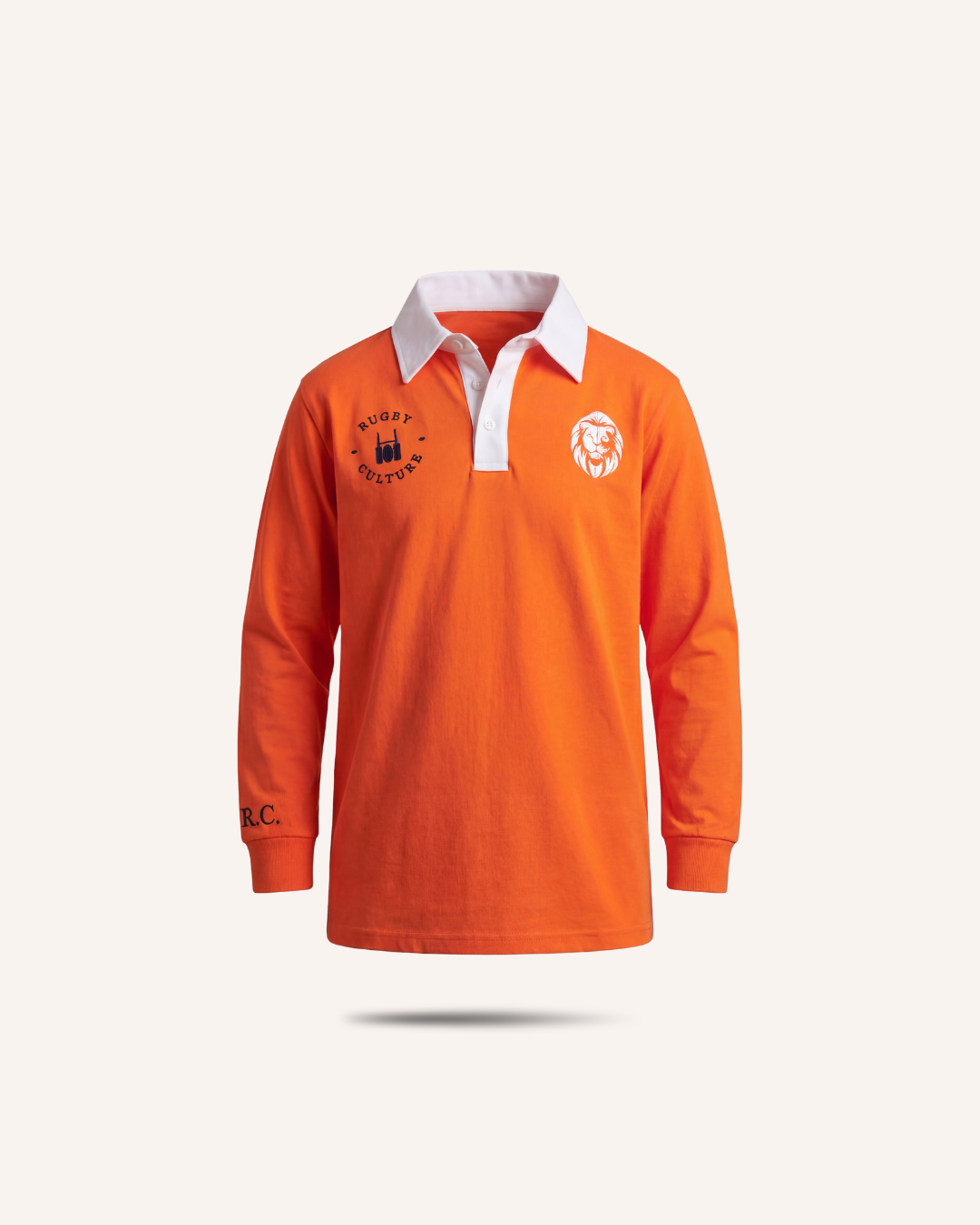 Rugby Culture Kids Netherlands Rugby Polo, orange long-sleeve with white collar, flat lay front view