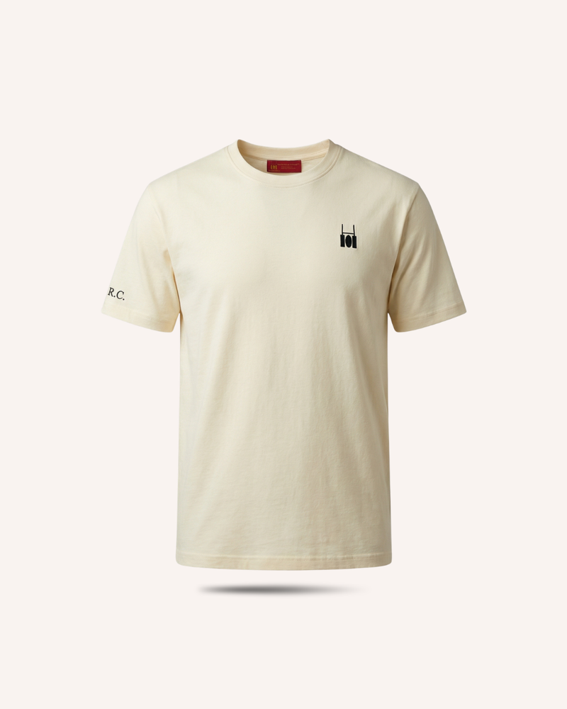 Rugby Culture Eggshell Basic Logo T-Shirt with embroidered crest, flat lay front view