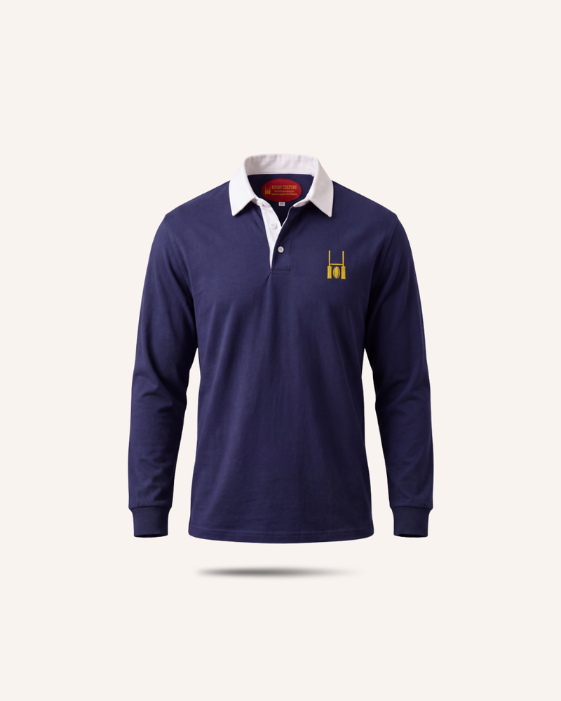 Rugby Culture Navy Blue Rugby Polo with white collar, flat lay front view