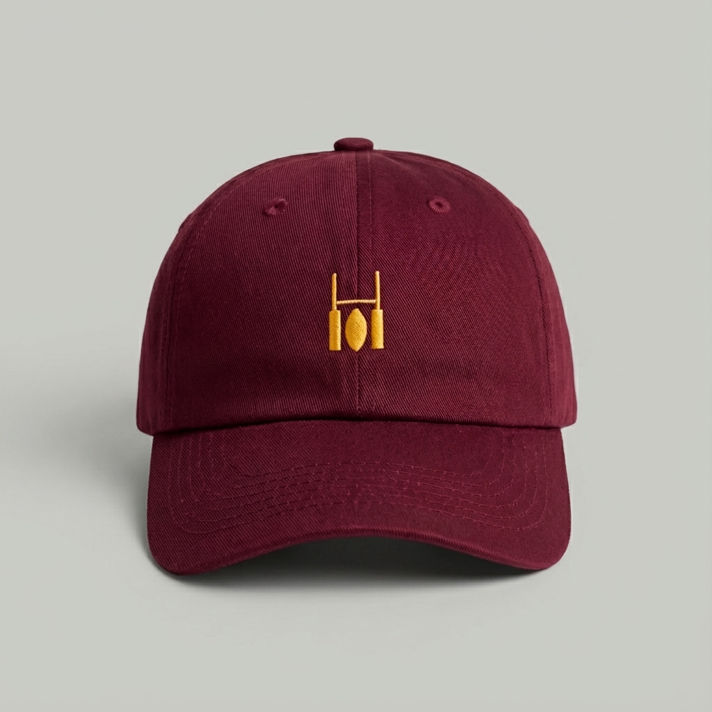 Maroon baseball cap with yellow logo on a light gray background