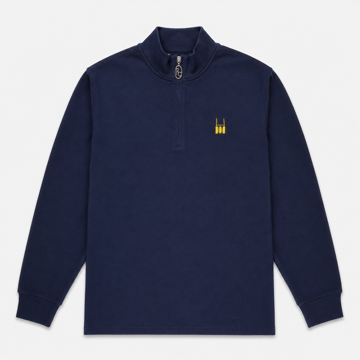 A navy blue long-sleeve quarter-zip pullover sweatshirt with a small yellow embroidered logo on the left chest, displayed on a clean light gray background.