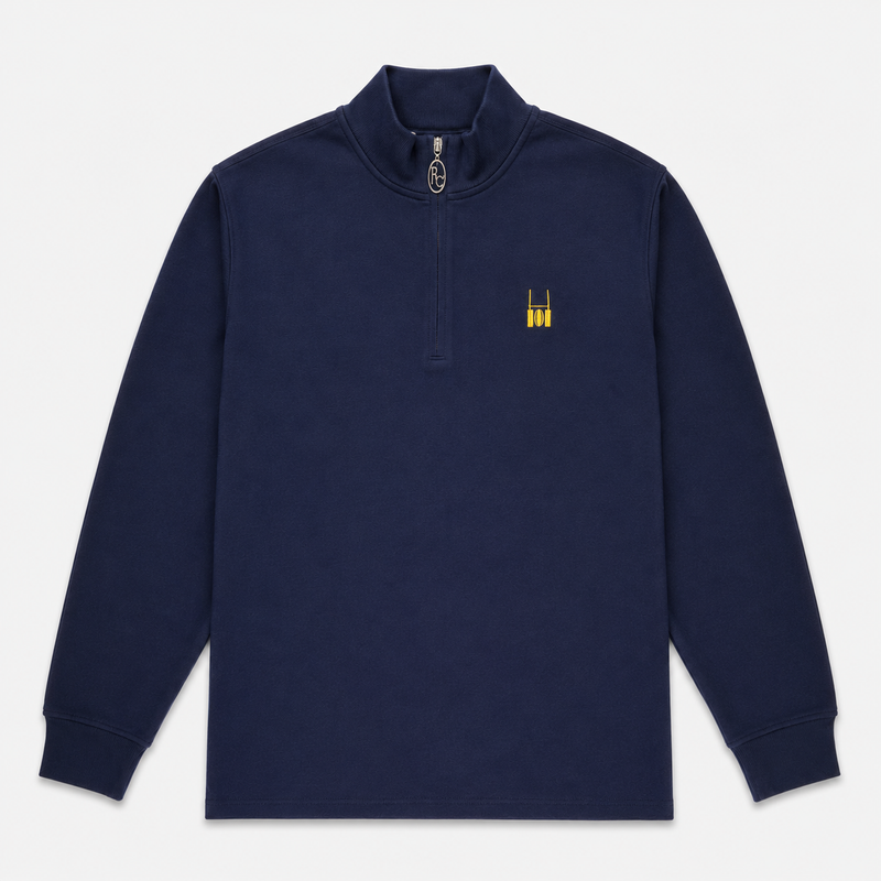 A navy blue long-sleeve quarter-zip pullover sweatshirt with a small yellow embroidered logo on the left chest, displayed on a clean light gray background.