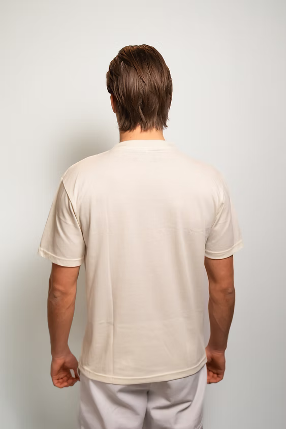 Rugby Culture Eggshell Basic Logo T-Shirt worn by a male model, back view