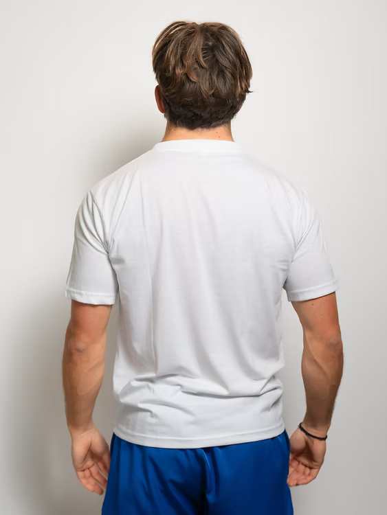 Rugby Culture White Basic Logo T-Shirt worn by a male model, back view