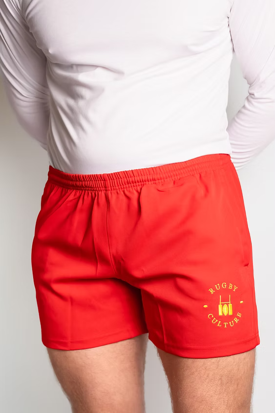 Rugby Culture Red Scrum Shorts worn, side view