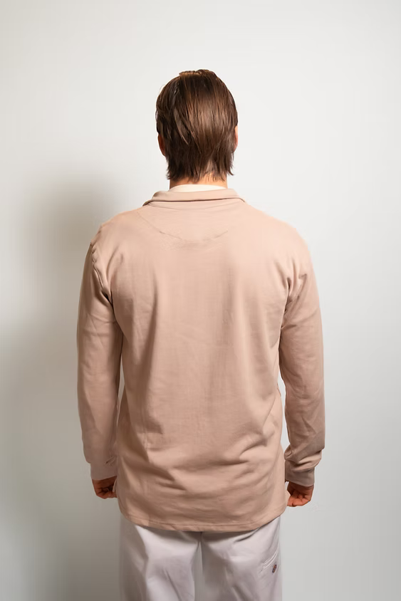 Rugby Culture Beige Quarter-Zip worn by a male model, back view