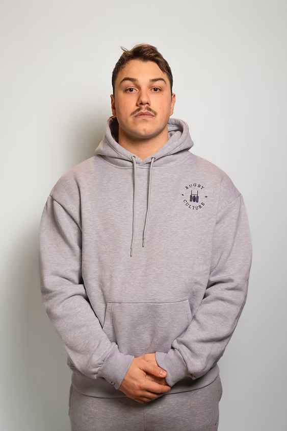 Rugby Culture Grey Hoodie worn by a male model, front view