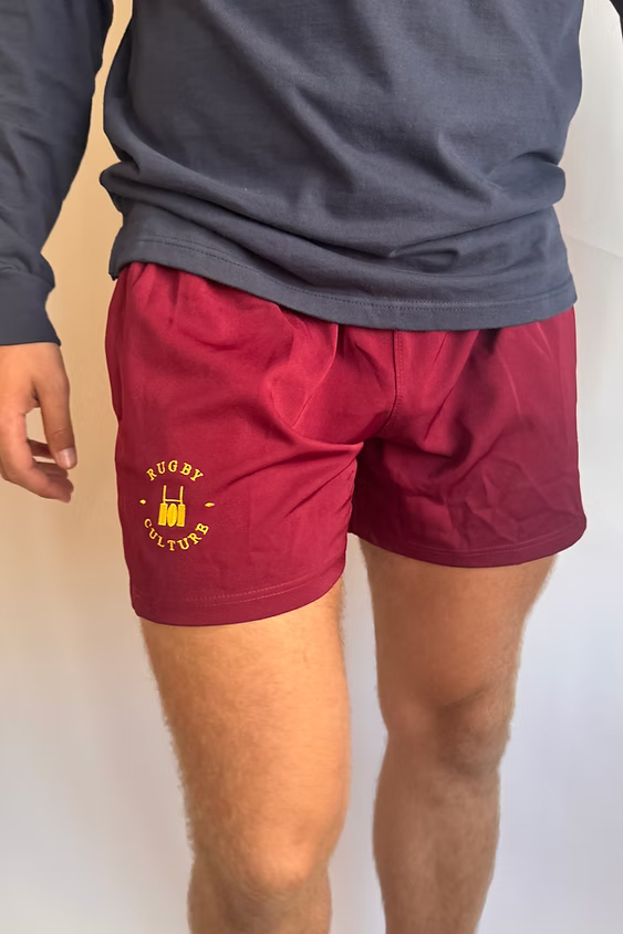 Rugby Culture Maroon Scrum Shorts worn, front view