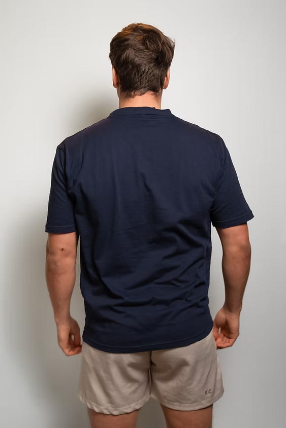 Rugby Culture Blue Basic Logo T-Shirt worn by a male model, back view
