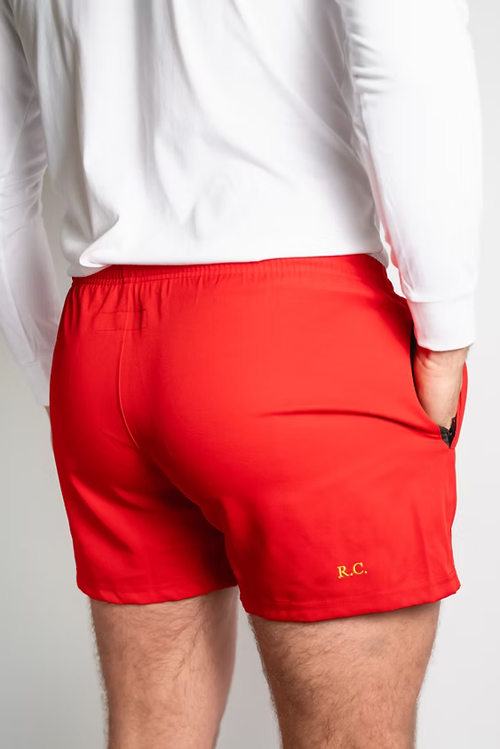 Rugby Culture Red Scrum Shorts worn, back view