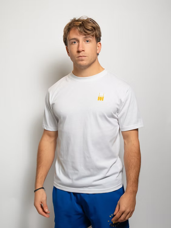 Rugby Culture White Basic Logo T-Shirt worn with blue scrum shorts, front view