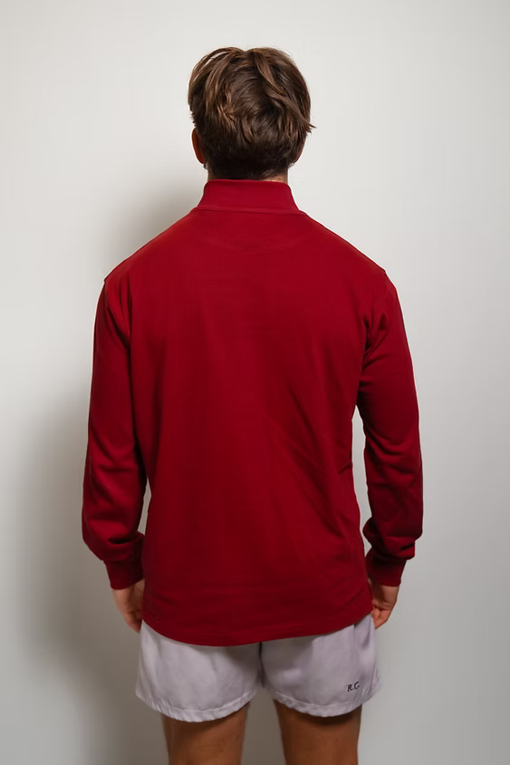 Rugby Culture Maroon Quarter-Zip worn by a male model, back view
