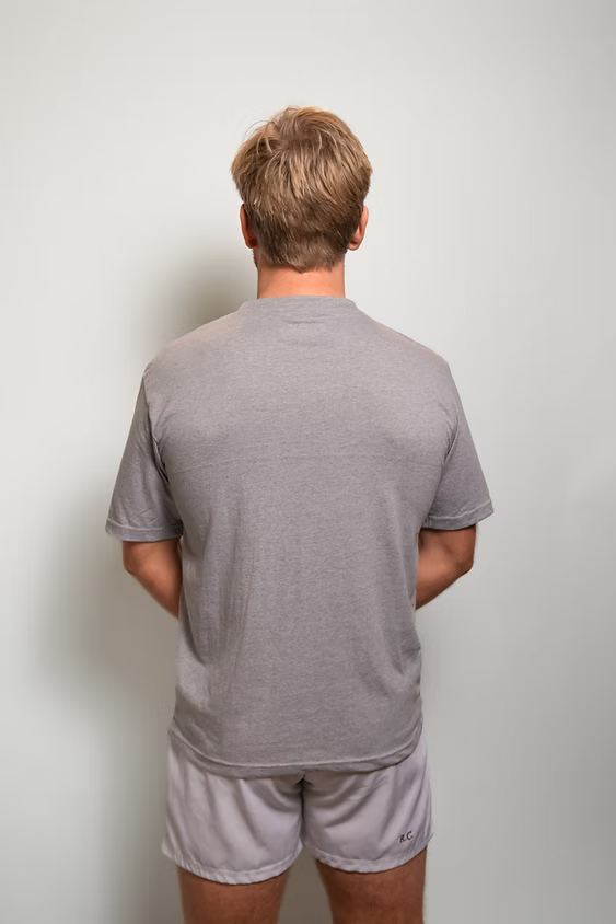 Rugby Culture Grey Basic Logo T-Shirt worn by a male model, back view