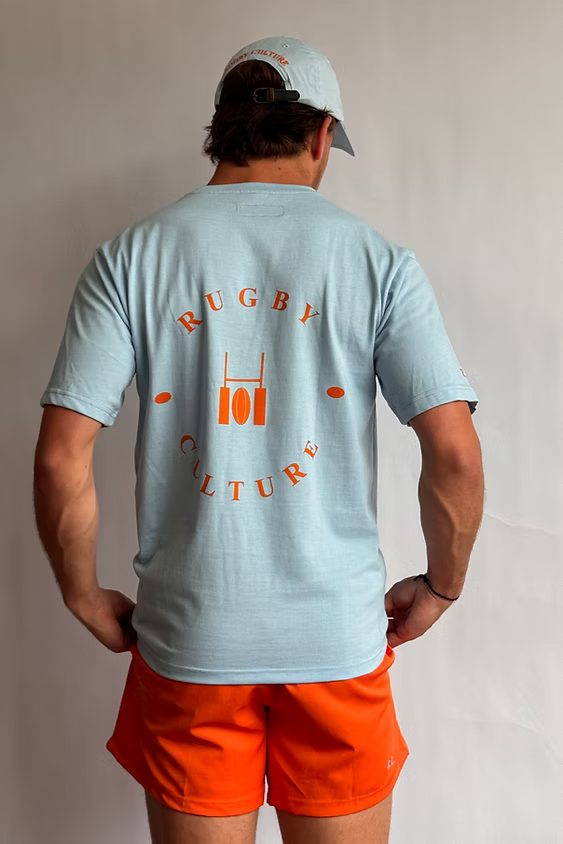 Rugby Culture Baby Blue Back Print T-Shirt worn by a male model, back view showing the Rugby Culture back print