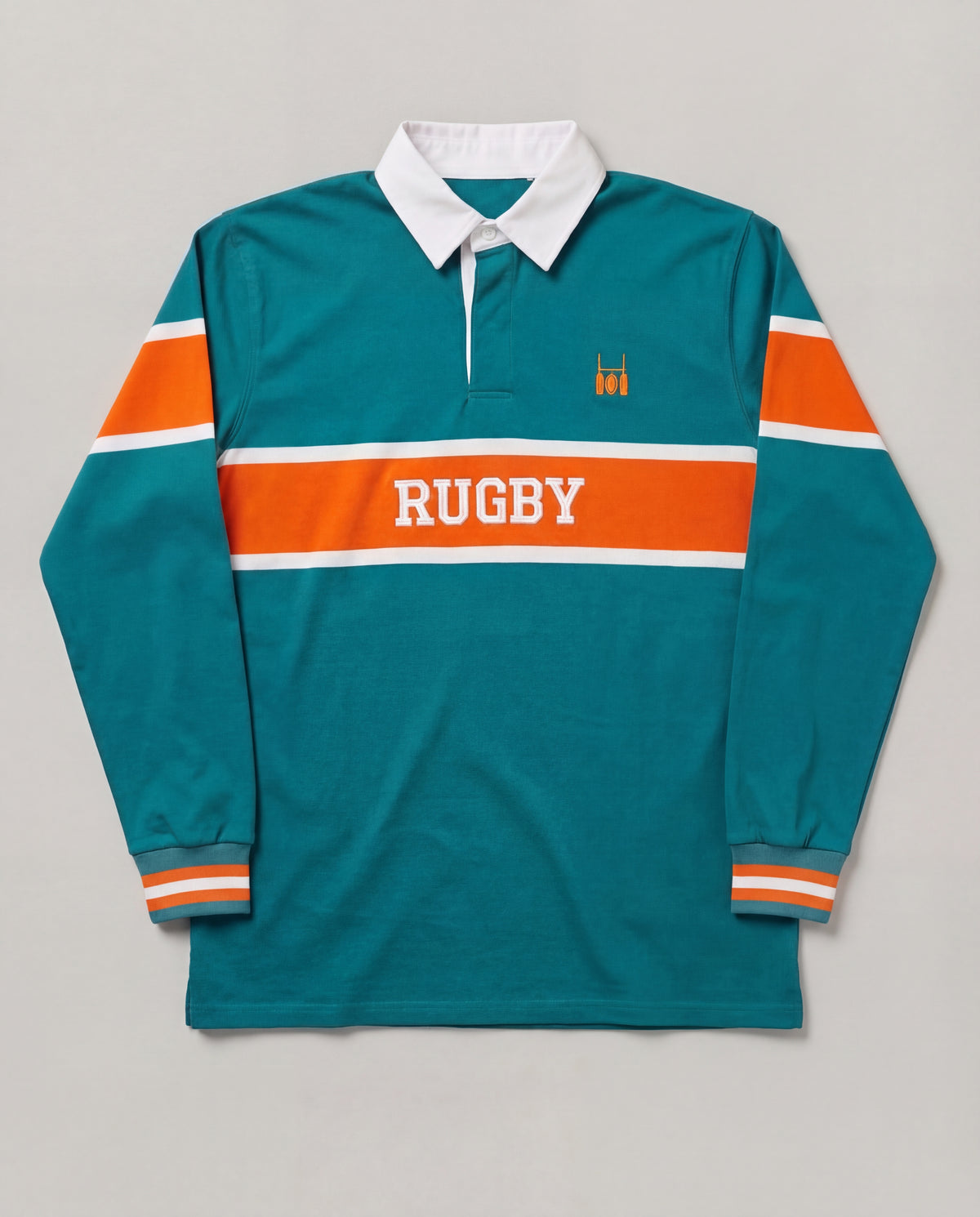 Rugby Culture Teal & Orange Rugby Polo with orange 'RUGBY' chest band and white collar, flat lay front view