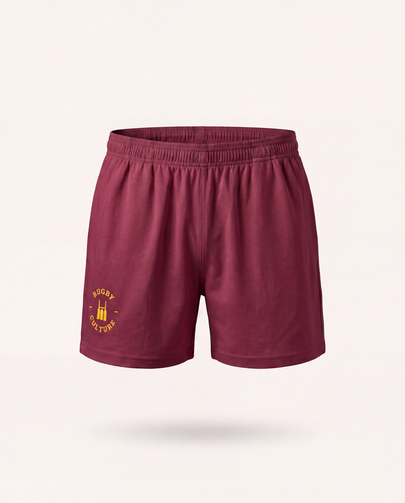Rugby Culture Maroon Scrum Shorts, flat lay front view