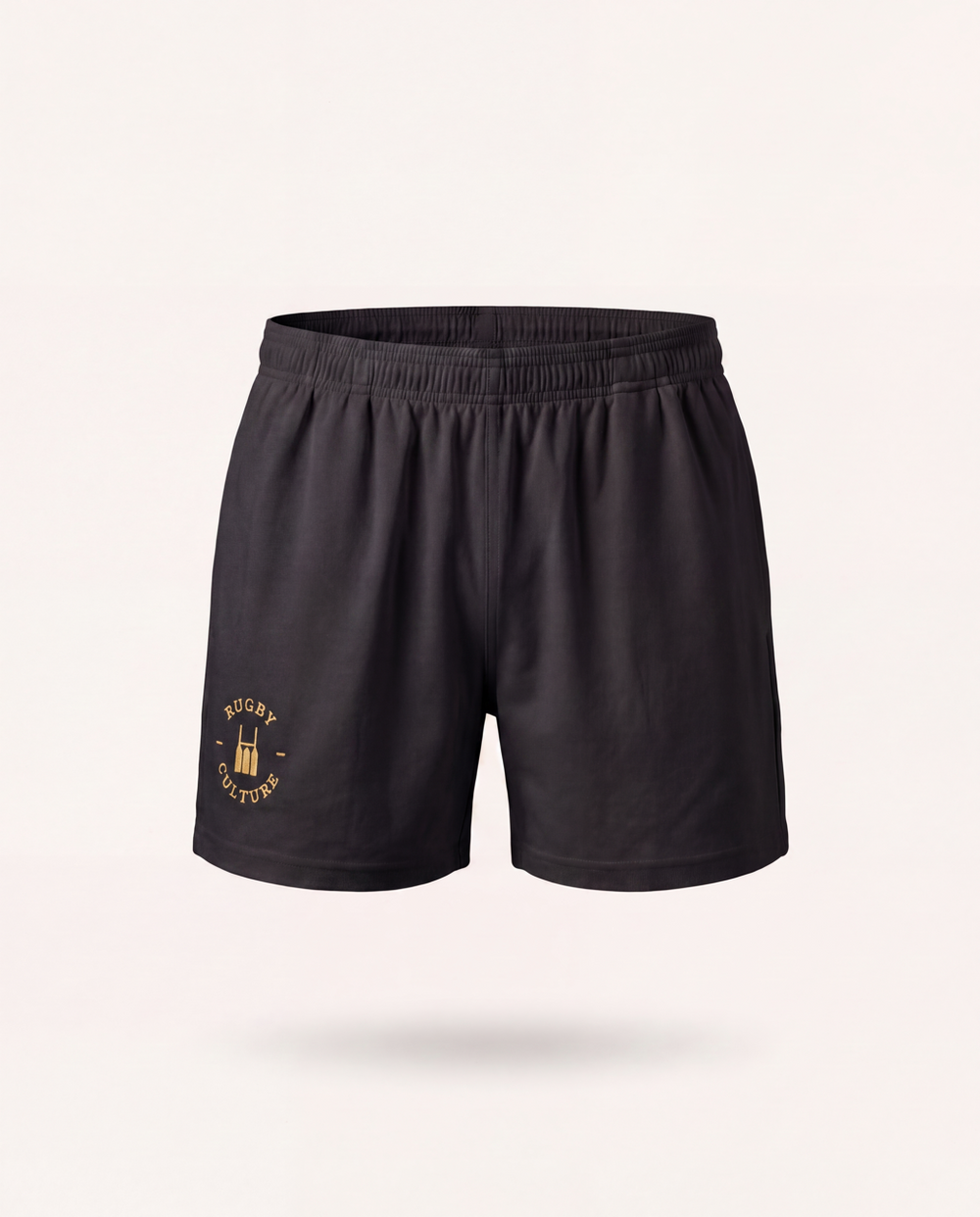 Rugby Culture Black Scrum Shorts, flat lay front view